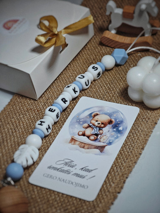 Rankų darbo personalizuotas vardinis čiulptuko laikiklis